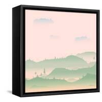 Vector Evening Coniferous Forest Hills in Fog with Birds Silhouettes.-dariatri3-Framed Stretched Canvas