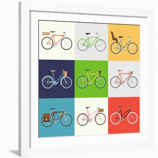 Vector Flat Modern Urban, Town and City Bicycles Set | Various Different Bicycles with Wooden Crate-Mascha Tace-Framed Art Print