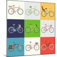 Vector Flat Modern Urban, Town and City Bicycles Set | Various Different Bicycles with Wooden Crate-Mascha Tace-Mounted Art Print