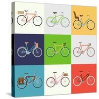 Vector Flat Modern Urban, Town and City Bicycles Set | Various Different Bicycles with Wooden Crate-Mascha Tace-Stretched Canvas