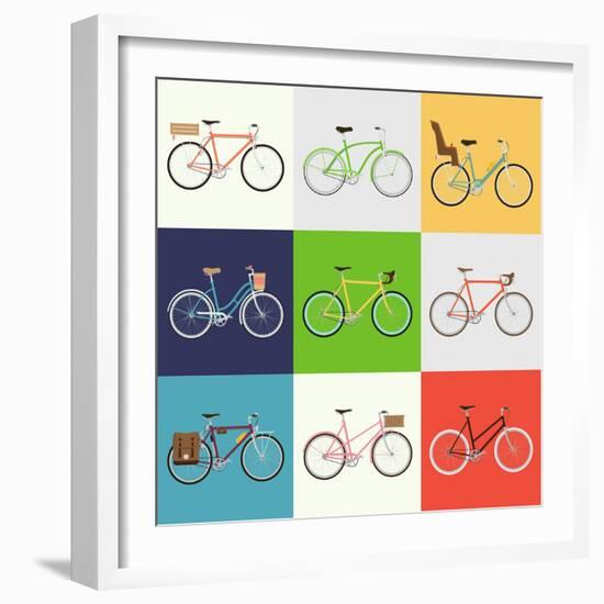 Vector Flat Modern Urban, Town and City Bicycles Set | Various Different Bicycles with Wooden Crate-Mascha Tace-Framed Art Print