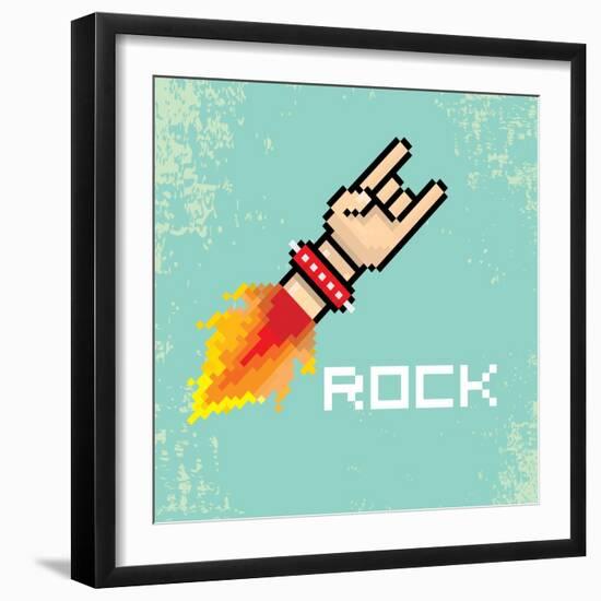 Vector Flat Pixel Rock N Roll Icon with Fire-rock n roll-Framed Art Print