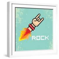 Vector Flat Pixel Rock N Roll Icon with Fire-rock n roll-Framed Art Print