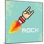 Vector Flat Pixel Rock N Roll Icon with Fire-rock n roll-Mounted Art Print