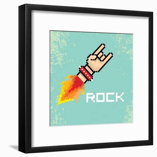 Vector Flat Pixel Rock N Roll Icon with Fire-rock n roll-Framed Art Print