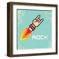 Vector Flat Pixel Rock N Roll Icon with Fire-rock n roll-Framed Art Print