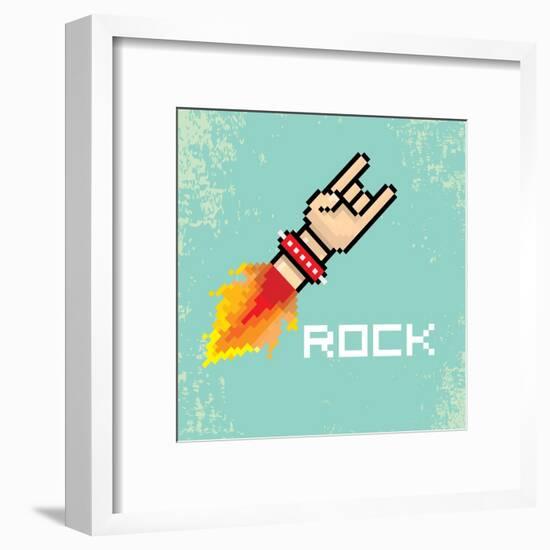 Vector Flat Pixel Rock N Roll Icon with Fire-rock n roll-Framed Art Print