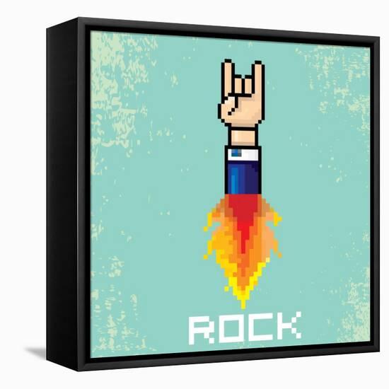 Vector Flat Pixel Rock N Roll Icon with Fire-rock n roll-Framed Stretched Canvas