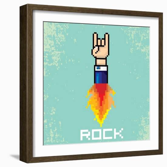 Vector Flat Pixel Rock N Roll Icon with Fire-rock n roll-Framed Art Print