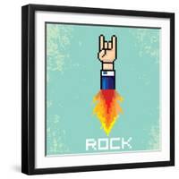 Vector Flat Pixel Rock N Roll Icon with Fire-rock n roll-Framed Art Print