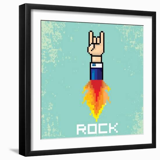 Vector Flat Pixel Rock N Roll Icon with Fire-rock n roll-Framed Art Print