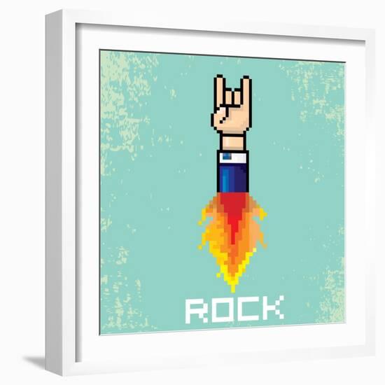 Vector Flat Pixel Rock N Roll Icon with Fire-rock n roll-Framed Art Print