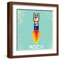 Vector Flat Pixel Rock N Roll Icon with Fire-rock n roll-Framed Art Print