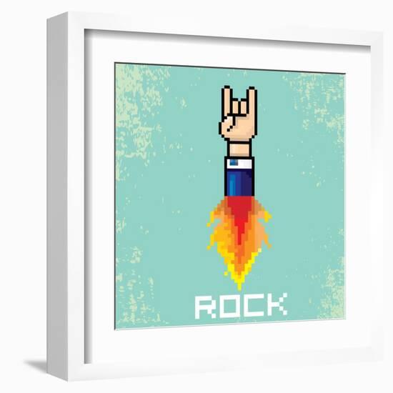 Vector Flat Pixel Rock N Roll Icon with Fire-rock n roll-Framed Art Print