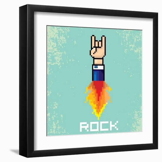 Vector Flat Pixel Rock N Roll Icon with Fire-rock n roll-Framed Art Print