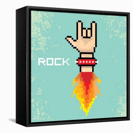 Vector Flat Pixel Rock N Roll Icon with Fire-rock n roll-Framed Stretched Canvas