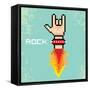 Vector Flat Pixel Rock N Roll Icon with Fire-rock n roll-Framed Stretched Canvas