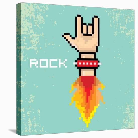 Vector Flat Pixel Rock N Roll Icon with Fire-rock n roll-Stretched Canvas