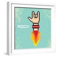 Vector Flat Pixel Rock N Roll Icon with Fire-rock n roll-Framed Art Print