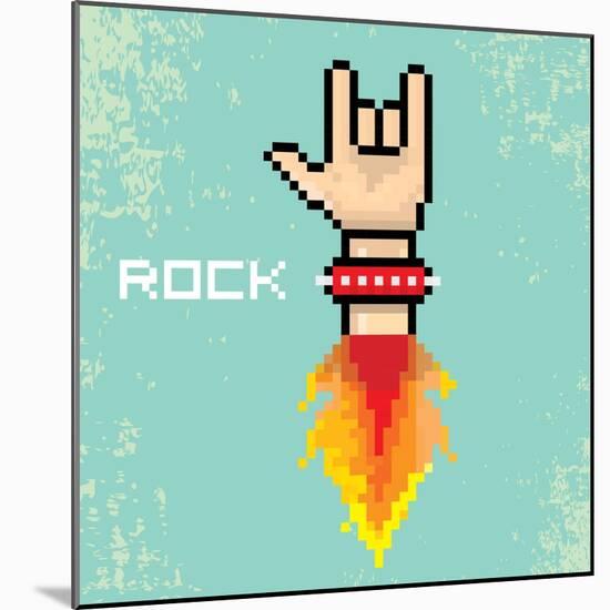 Vector Flat Pixel Rock N Roll Icon with Fire-rock n roll-Mounted Art Print