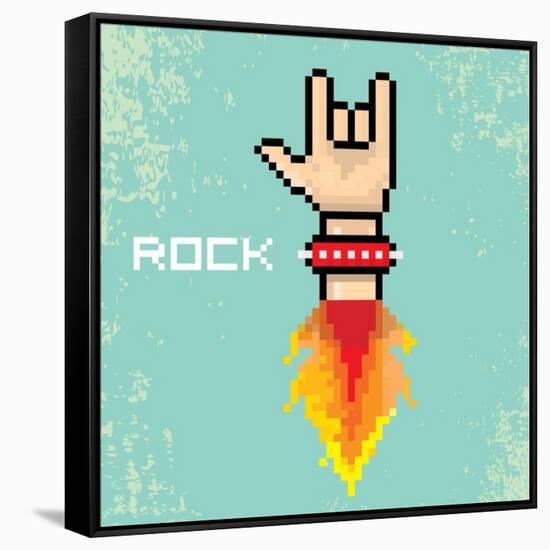 Vector Flat Pixel Rock N Roll Icon with Fire-rock n roll-Framed Stretched Canvas