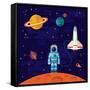 Vector Flat Space Elements with Spaceship and Planets.-Inshpulya-Framed Stretched Canvas