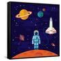 Vector Flat Space Elements with Spaceship and Planets.-Inshpulya-Framed Stretched Canvas