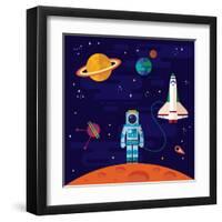 Vector Flat Space Elements with Spaceship and Planets.-Inshpulya-Framed Art Print