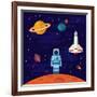 Vector Flat Space Elements with Spaceship and Planets.-Inshpulya-Framed Art Print
