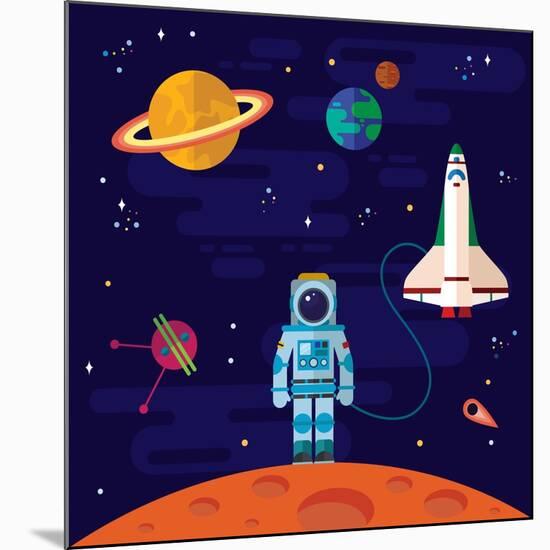 Vector Flat Space Elements with Spaceship and Planets.-Inshpulya-Mounted Art Print