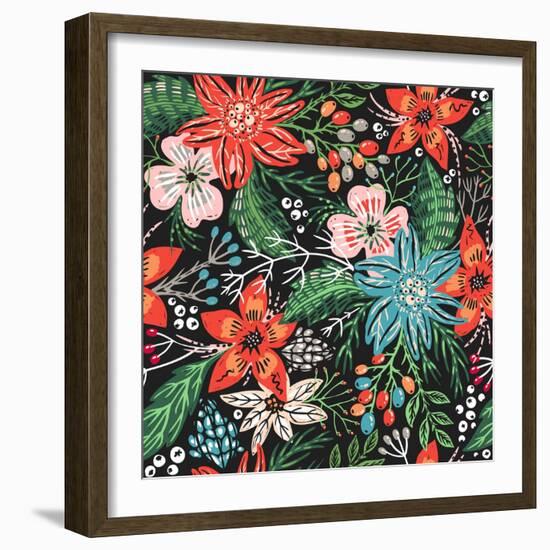 Vector Floral Seamless Pattern with Colorful Christmas Flowers-Anna Paff-Framed Art Print