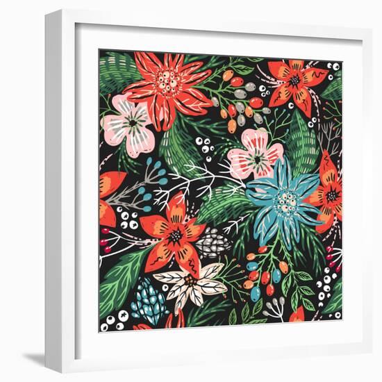 Vector Floral Seamless Pattern with Colorful Christmas Flowers-Anna Paff-Framed Art Print