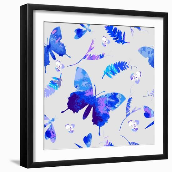 Vector Floral Watercolor Texture Pattern with Butterflies.Watercolor Floral Pattern.Blue Flowers Pa-GalinaL-Framed Art Print