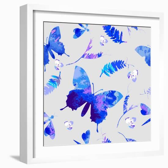 Vector Floral Watercolor Texture Pattern with Butterflies.Watercolor Floral Pattern.Blue Flowers Pa-GalinaL-Framed Art Print