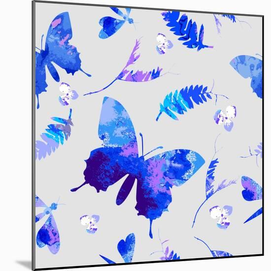 Vector Floral Watercolor Texture Pattern with Butterflies.Watercolor Floral Pattern.Blue Flowers Pa-GalinaL-Mounted Art Print