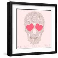 Vector Funny, Candy, Brown Skull with Heart Eyes, Diamonds, Brilliants. Love and Valentine's Day-karnoff-Framed Art Print