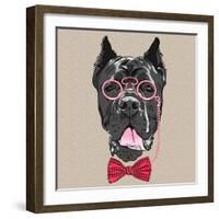 Vector Funny Cartoon Hipster Dog Cane Corso-kavalenkava volha-Framed Art Print