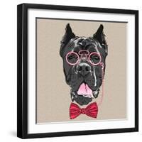 Vector Funny Cartoon Hipster Dog Cane Corso-kavalenkava volha-Framed Art Print