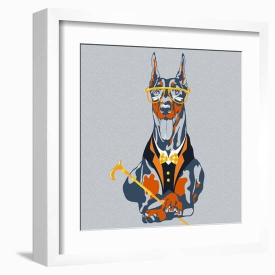 Vector Funny Cartoon Hipster Dog Doberman Pinscher Breed-kavalenkava volha-Framed Art Print