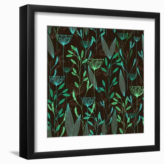 Vector Grass Seamless Pattern. Illustration with Herbs, Botanical Art-oxanaart-Framed Art Print