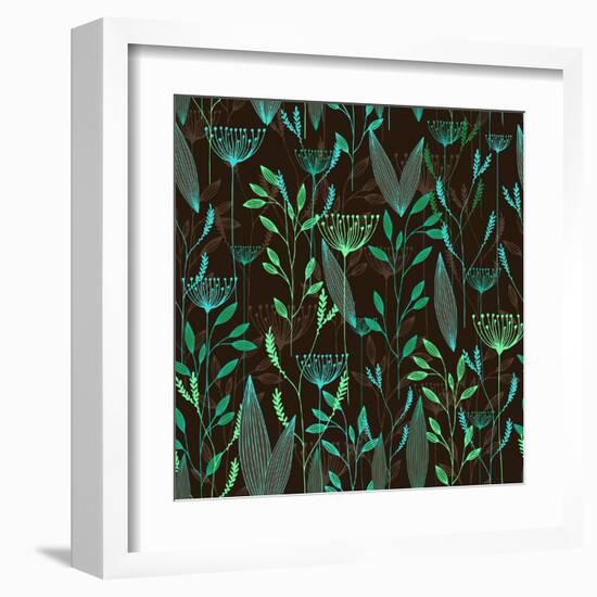 Vector Grass Seamless Pattern. Illustration with Herbs, Botanical Art-oxanaart-Framed Art Print