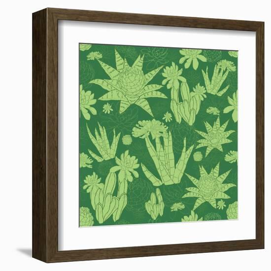 Vector Green Lineart Succulents Seamless Pattern-Oksancia-Framed Art Print