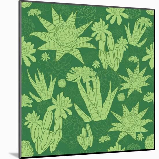 Vector Green Lineart Succulents Seamless Pattern-Oksancia-Mounted Art Print