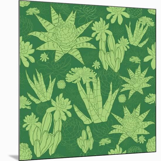 Vector Green Lineart Succulents Seamless Pattern-Oksancia-Mounted Art Print