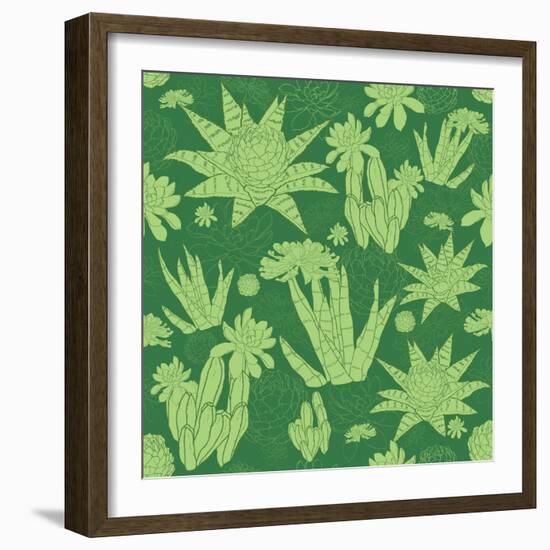 Vector Green Lineart Succulents Seamless Pattern-Oksancia-Framed Art Print