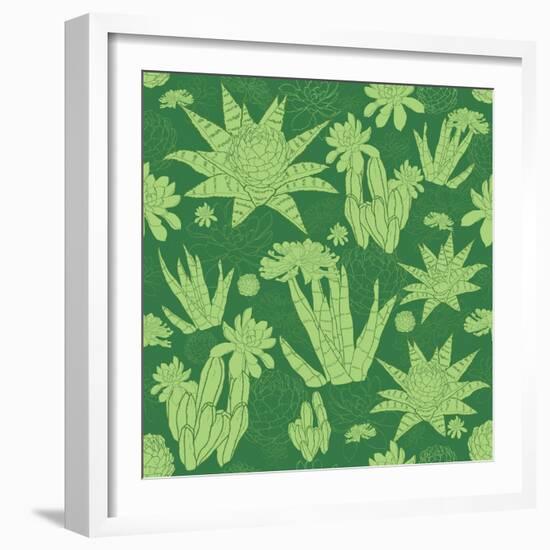 Vector Green Lineart Succulents Seamless Pattern-Oksancia-Framed Art Print