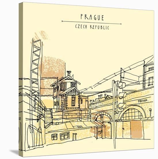 Vector Hand Drawn Artistic Illustration of Old Industrial Buildings near Bus Station in Prague, Cze-babayuka-Stretched Canvas