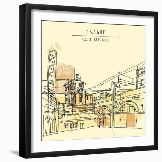 Vector Hand Drawn Artistic Illustration of Old Industrial Buildings near Bus Station in Prague, Cze-babayuka-Framed Art Print