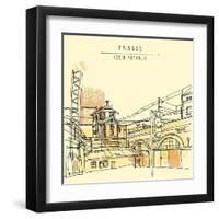 Vector Hand Drawn Artistic Illustration of Old Industrial Buildings near Bus Station in Prague, Cze-babayuka-Framed Art Print