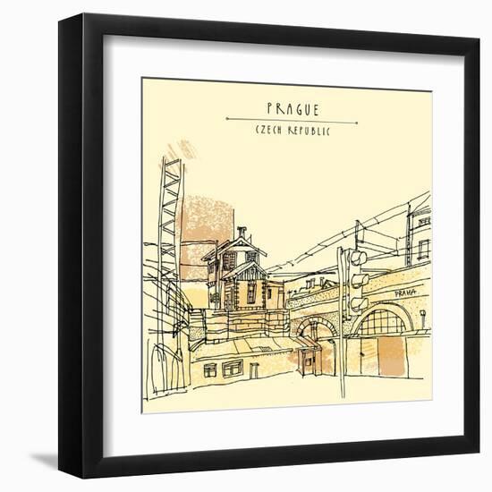 Vector Hand Drawn Artistic Illustration of Old Industrial Buildings near Bus Station in Prague, Cze-babayuka-Framed Art Print